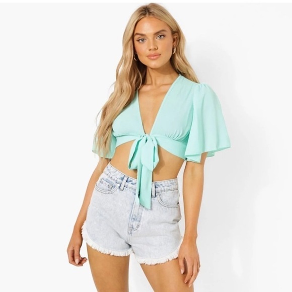 Barbie Pink Angel Sleeve Tie Front Crop Top Size 8 Y2K - Picture 6 of 9